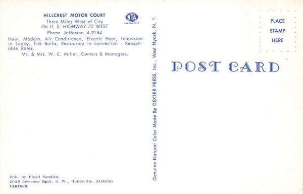 Huntsville Alabama Hillcrest Motor Court Vintage Postcard AA92869 - Image 2