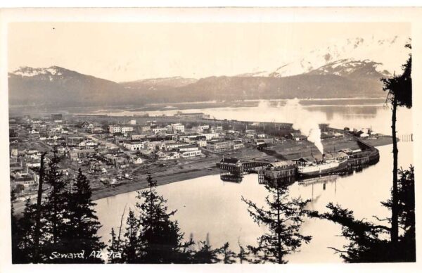 Seward Alaska Birds Eye View Ship at Wharf Real Photo Postcard AA92879