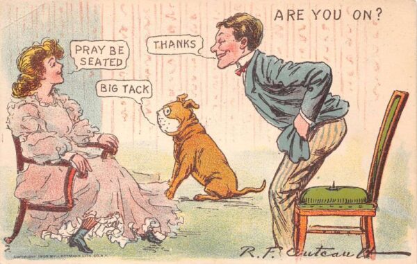 "Are you on?" Comic Humor Tack on Chair Bulldog Artist Signed Postcard AA92906