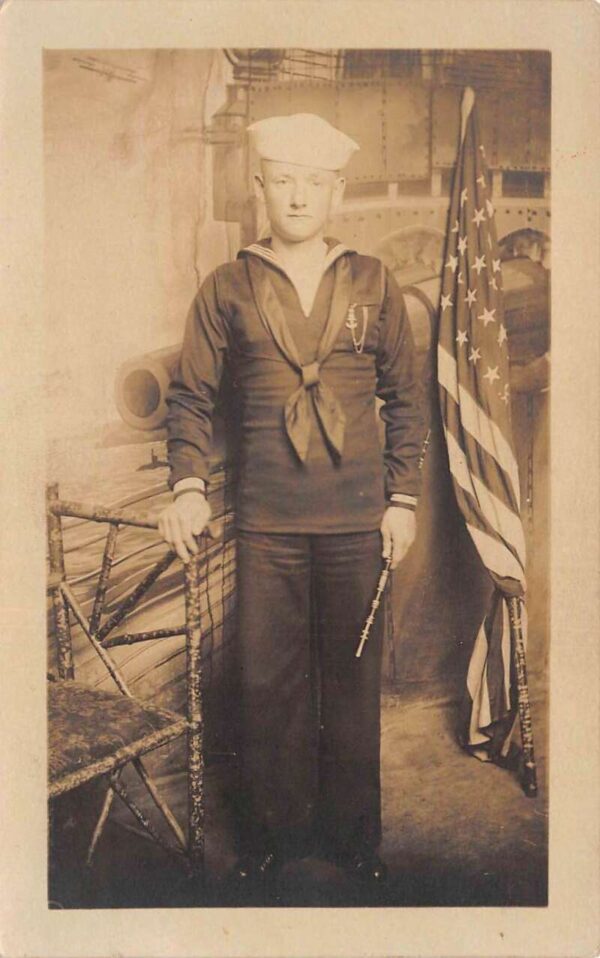 US Sailor Navy with American Flag Studio Real Photo Postcard AA92914