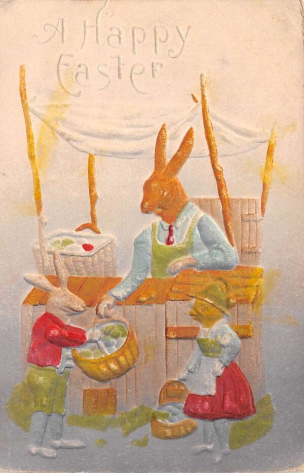 Easter Greetings Dressed Bunny Rabbit Embossed Airbrushed Postcard AA93041