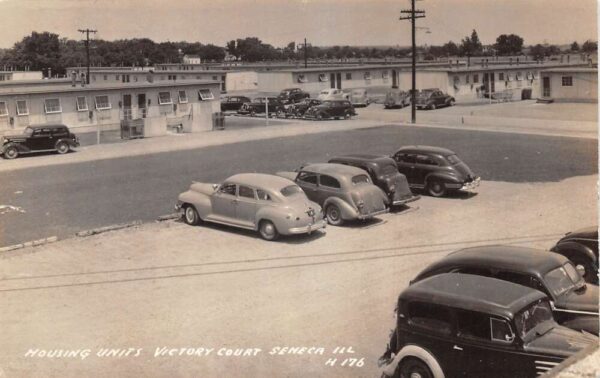 Seneca Illinois Victory Court Housing Units and Cars Real Photo Postcard AA93178