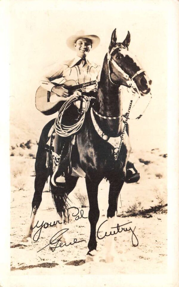 Gene Autry Singing Cowboy with Guitar on Horse Signed Real Photo PC AA93197