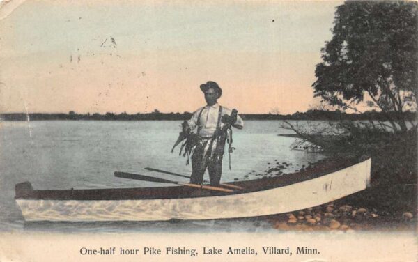 Villard Minnesota Lake Amelia Pike Fishing Fisherman in Boat Postcard AA93213