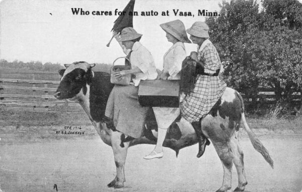 Vasa Minnesota Women Riding Cow Vintage Postcard AA93279