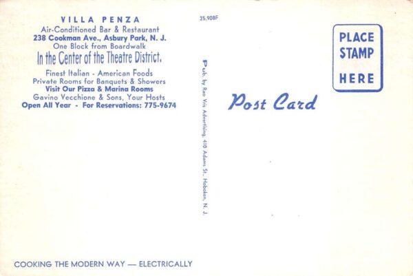 Asbury Park New Jersey Villa Penza Dining Room and Bar Postcard AA94006 - Image 2