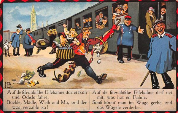 Swabian Railway Schwabische Eisebahne Comic Running to Train Postcard AA94022