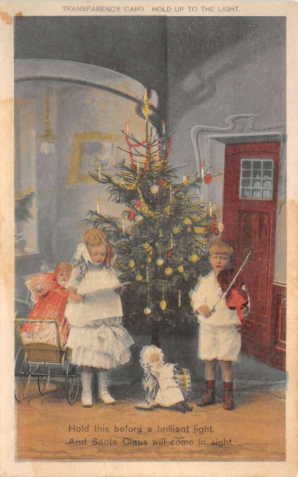 Christmas Greetings Children by Tree Santa Claus Hold to Light Postcard AA94192