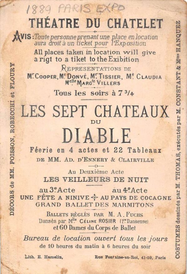 1889 Paris Expo Theatre du Chatelet Devils Seven Castles Trade Card AA94197 - Image 2