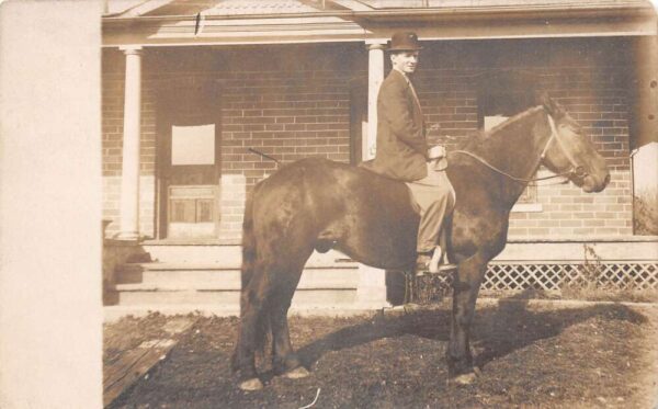 Oakharbor Ohio Man Riding Horse in Front Yard of House Real Photo PC AA94199