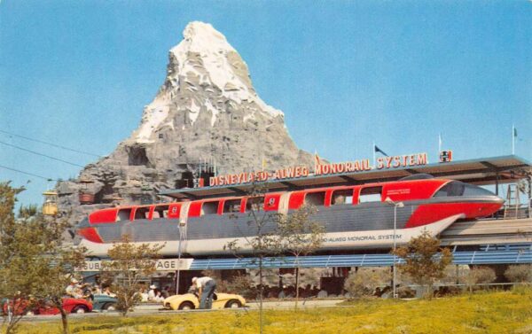 Disneyland Monorail over Autopia and Matterhorn Vintage Postcard AA94201