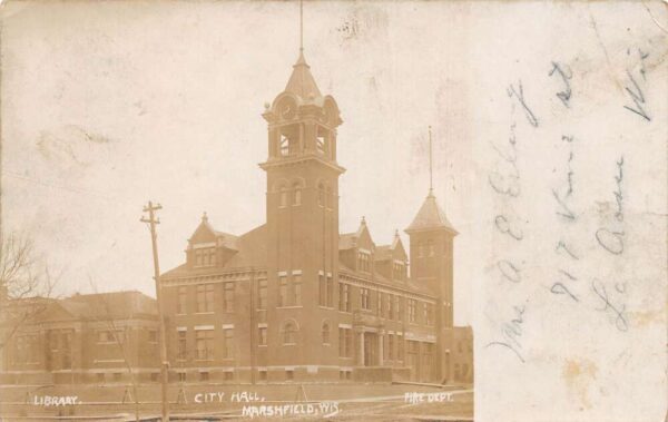 Marshfield Wisconsin City Hall Library and Fire Dept Real Photo PC AA94218