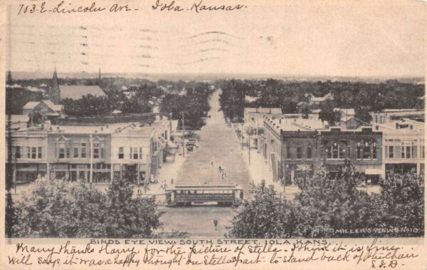 Iola Kansas South Street Birds Eye View Trolley Postcard AA94237