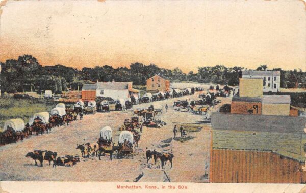 Manhattan Kansas Street Scene Covered Wagons Vintage Postcard AA94238