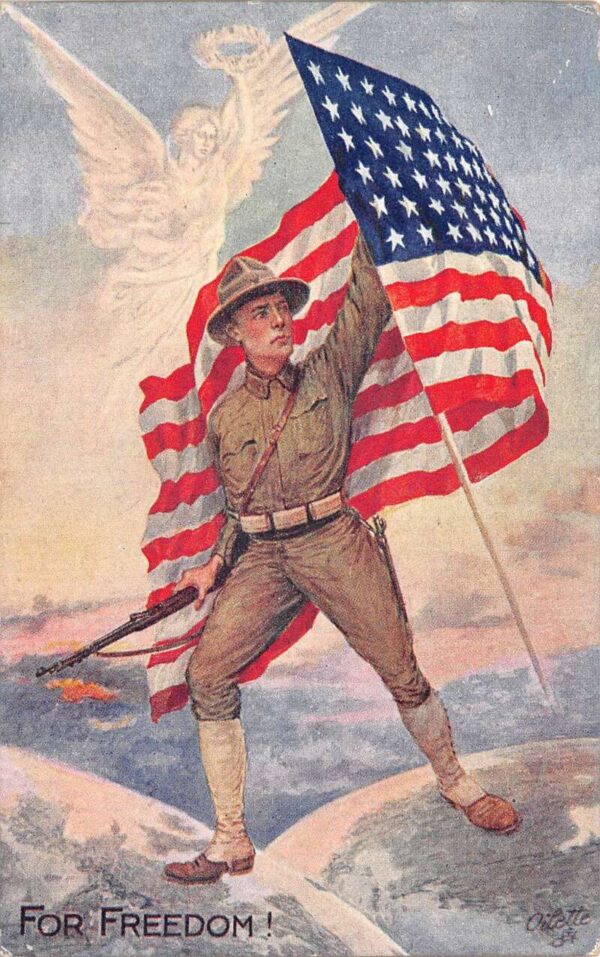 Victory and Freedom US Soldier with Flag Patriotic Tuck Vintage Postcard AA94250