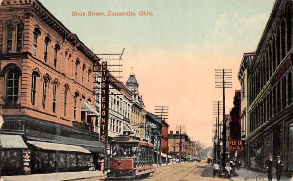 Zanesville Ohio Main Street Trolley Vintage Postcard AA94260