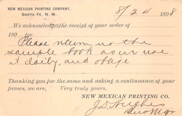 Santa Fe New Mexico New Mexican Printing Co Receipt Postal Postcard AA94263 - Image 2