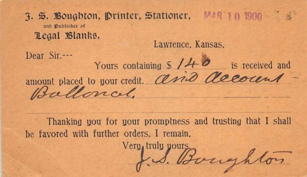 Lawrence Kansas Boughton Printer Stationer Receipt Private Mail PC AA94268