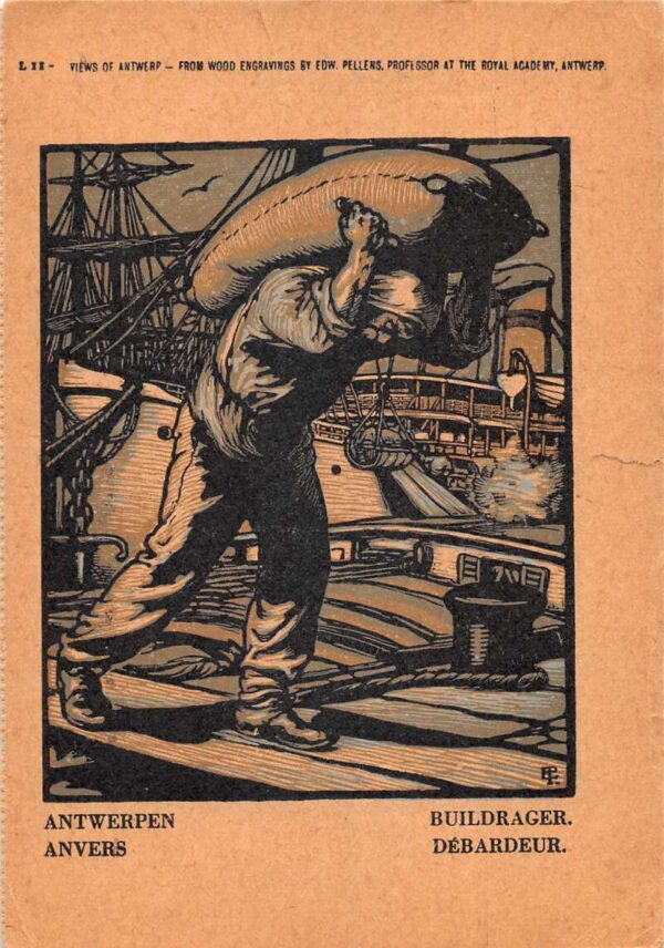 Antwerp Belgium Longshoreman Pellens Engraving Vintage Postcard AA94286