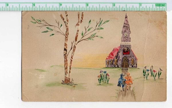 People walking to Church Stamp Montage Art Handmade Vintage Postcard AA94323