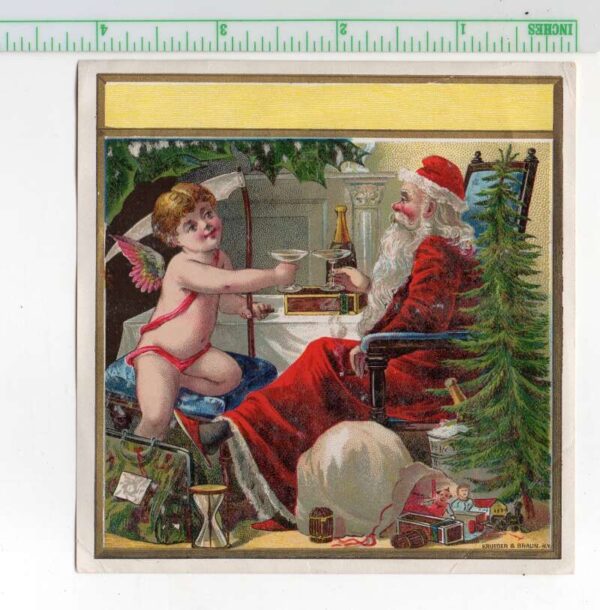 Christmas Greetings Cupid Angel and Santa Claus Drinking Trade Card AA94324