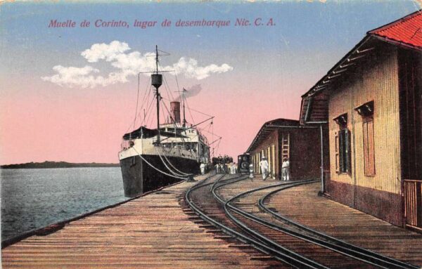 Corinto Nicaragua Ship at Docks Train Station Vintage Postcard AA94333