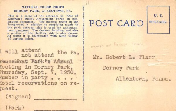 Allentown Pennsylvania Dorney Park Roller Coaster Vintage Postcard AA94347 - Image 2