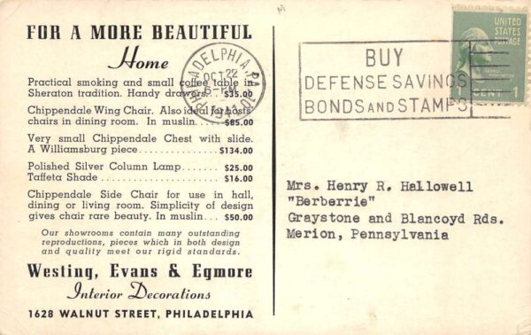 Philadelphia Pennsylvania Westing Evans and Egmore Home Furniture Ad PC AA94358 - Image 2