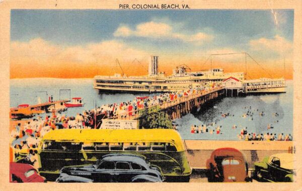 Colonial Beach Virginia Pier Steamer and Bus Linen Postcard AA94377