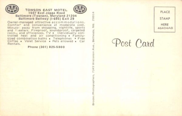 Baltimore Maryland Towson East Motel Vintage Postcard AA94385 - Image 2