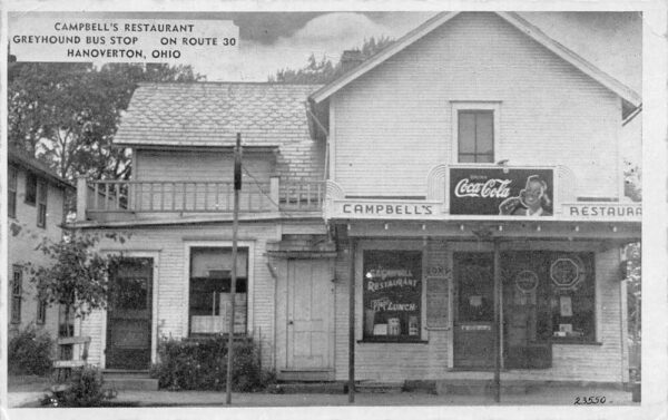 Hanoverton Ohio Campbells Restaurant Greyhound Bus Stop Coke Sign PC AA94413