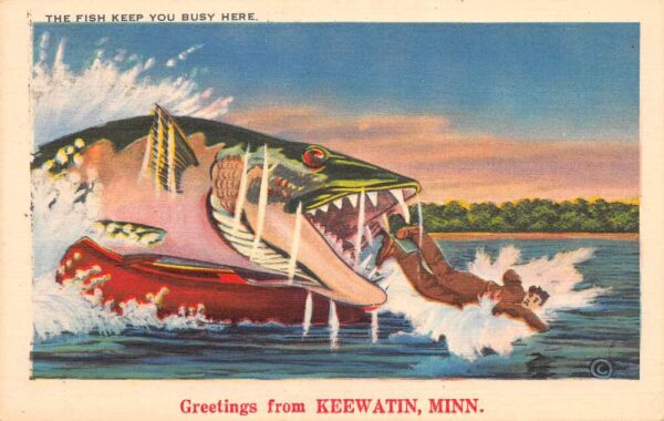 Keewatin Minnesota Greetings Fishing Exaggeration Vintage Postcard AA94417