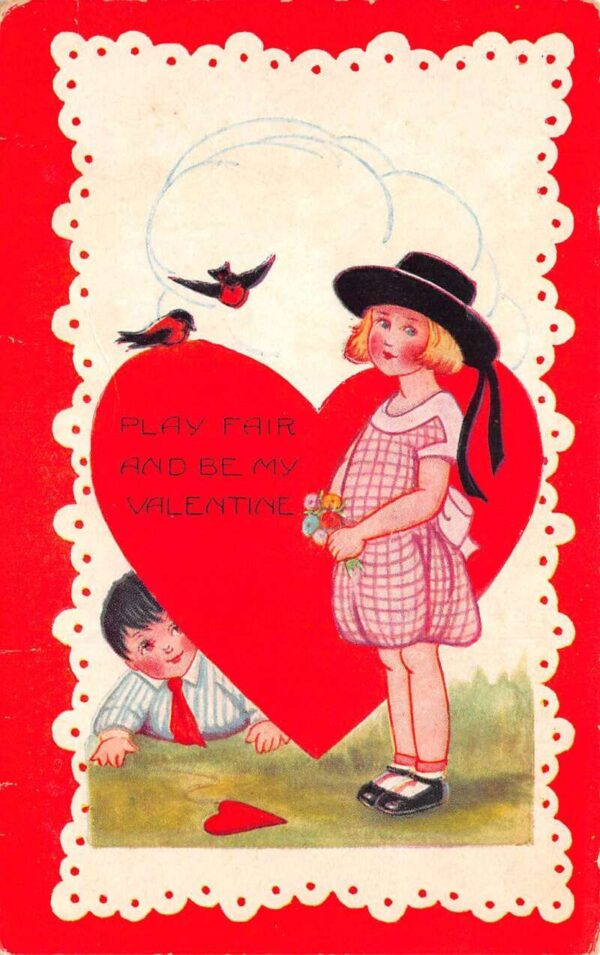 Valentines Greetings Children and Birds "Play Fair" Whitney Postcard AA94426