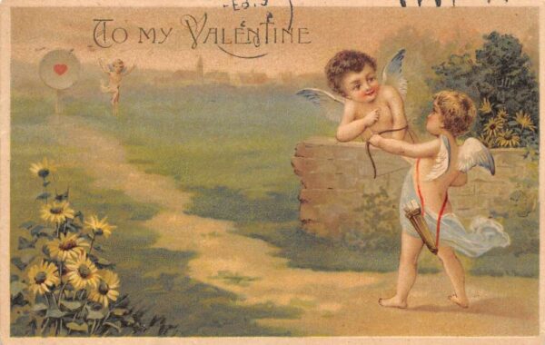 Valentines Greetings Cupids Angels Target Practice Vintage Postcard AA94427