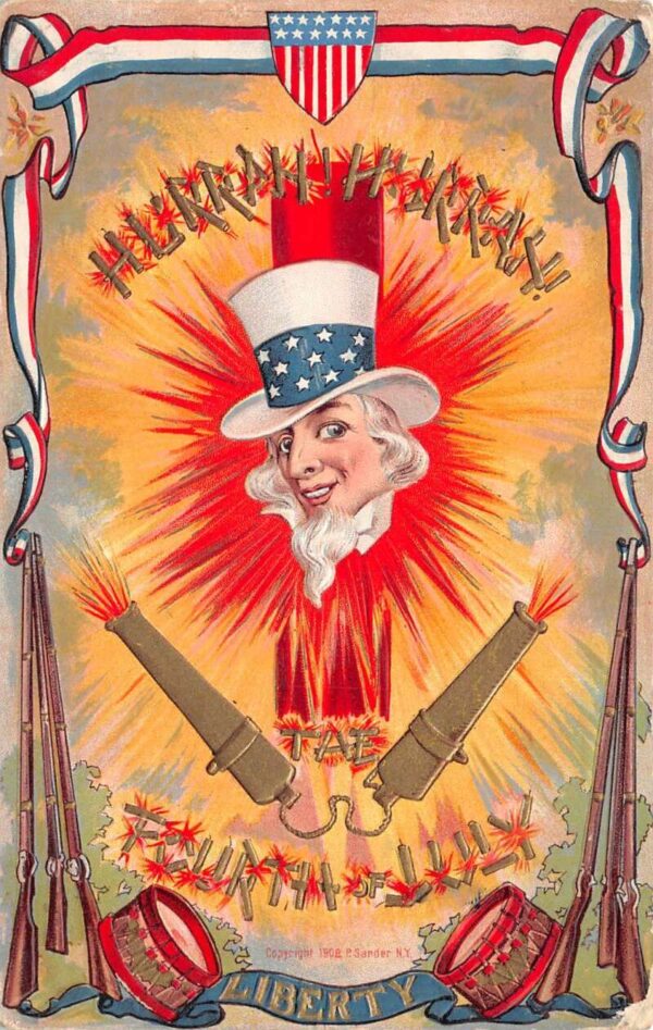 4th of July Greetings Uncle Sam Cannons Fireworks Fire Crackers PC AA94429