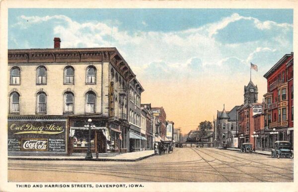 Davenport Iowa 3rd and Harrison St Drug Store Coke Sign Postcard AA94443