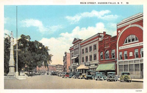 Hudson Falls New York Main Street Peoples National Bank Vintage Postcard AA95008