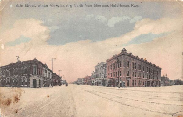 Hutchinson Kansas Main Street First National Bank in Winter Postcard AA95010