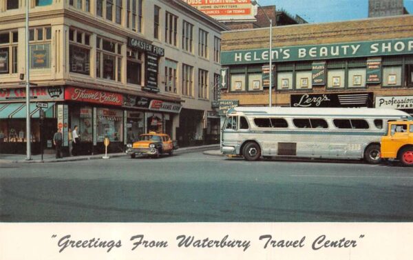 Waterbury Connecticut Travel Center Bus Street Scene Postcard AA95040