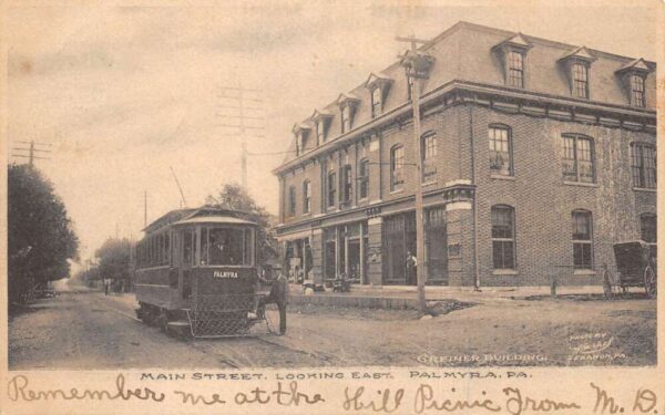 Palmyra Pennsylvania Main Street Greiner Bldg and Trolley Postcard AA95050