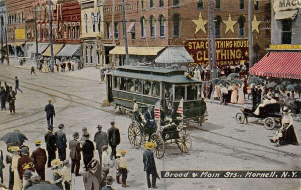 Hornell New York Broad and Maine Sts Trolley Patriotic Car Postcard AA95053