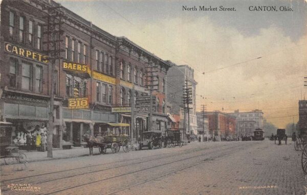 Canton Ohio North Market Street Piano Store Trolley Vintage Postcard AA95055