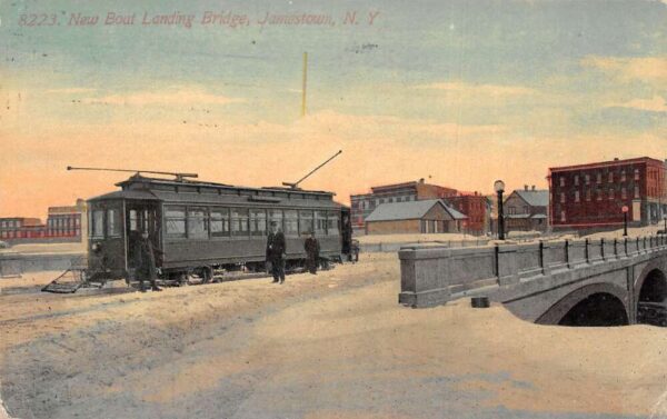 Jamestown New York New Boat Landing Bridge and Trolley Vintage Postcard AA95066