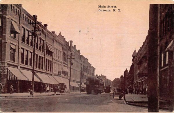 Oneonta New York Main Street and Trolley Vintage Postcard AA95068