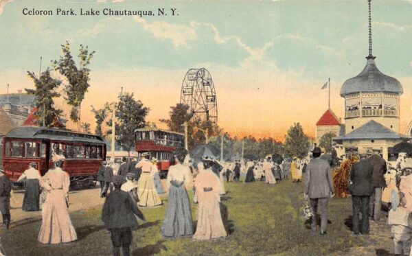 Lake Chautauqua New York Celoron Park Trolley Ferris Wheel Postcard AA95078