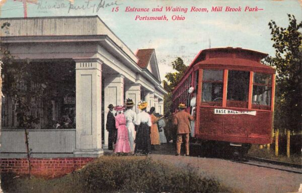 Portsmouth Ohio Mill Brook Park Entrance Trolley Baseball Sign Postcard AA95081