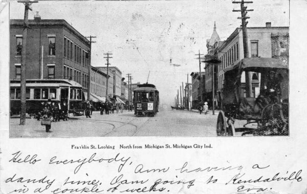 Michigan City Indiana Franklin St Trolley Street Scene Vintage Postcard AA95089