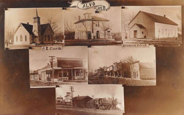 Alvo Nebraska Multiview Churches Train Station Undertaker Real Photo PC AA95256