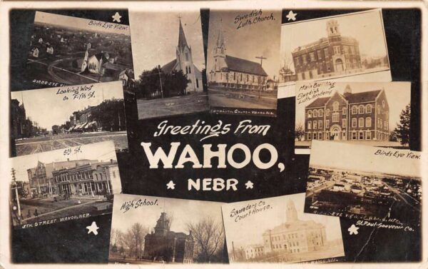 Wahoo Nebraska Multiview Churches School Courthouse Real Photo Postcard AA95261