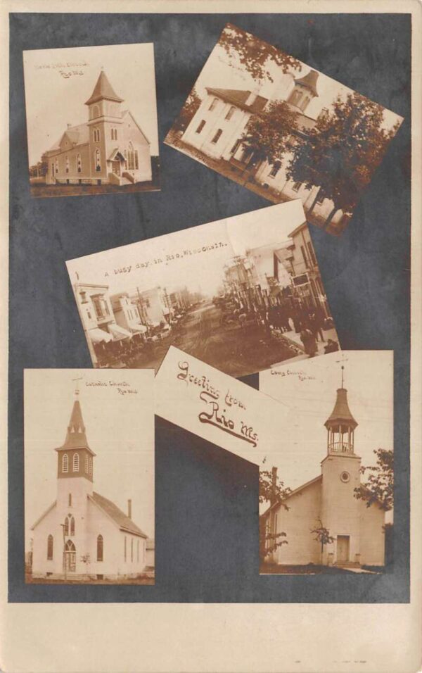 Rio Wisconsin Multiview Churches Business District Real Photo Postcard AA95298